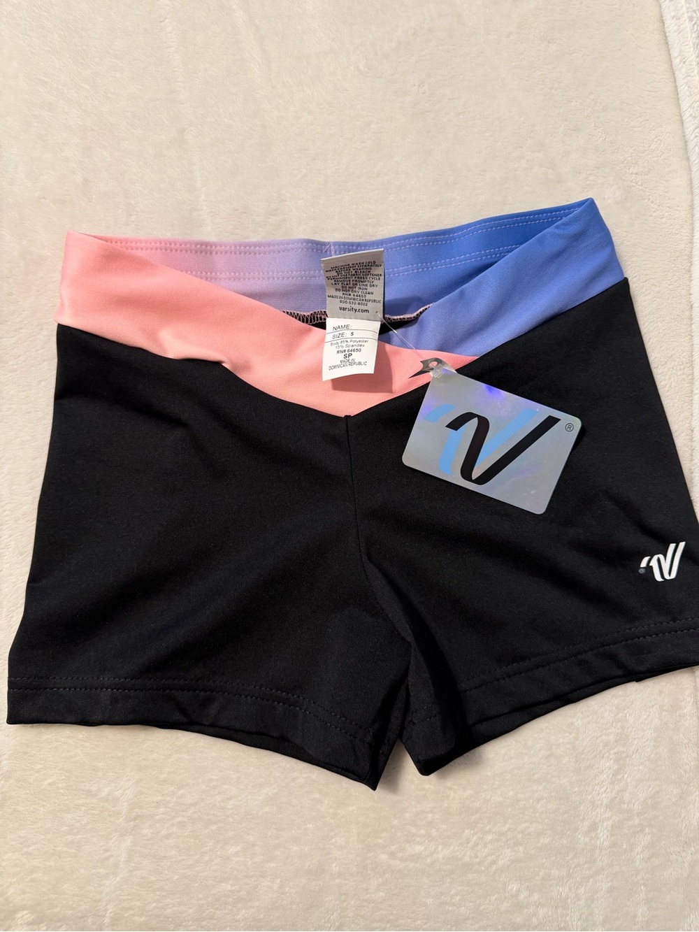 Varsity Cheerleading Black Athletic Shorts with Pink-to-Blue Gradient Waistband